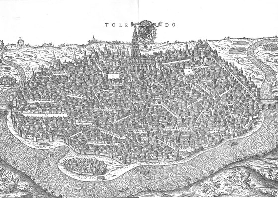 Toledo-Stich v.1585; Blick von Süden, Alcantarabrücke rechts, Alcazar unfertig, Marienstatue auf der Turmspitze? Die ummauerte Schräge von der Brücke zum Alcazar vermutlich das Wasserhebewerk Turrianis