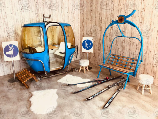 Location Pack Altipic avec télécabine cabine oeuf de ski 4 places bleu+ télésiège rond 2 places et accessoires décoration thème ski neige montagne l'hiver