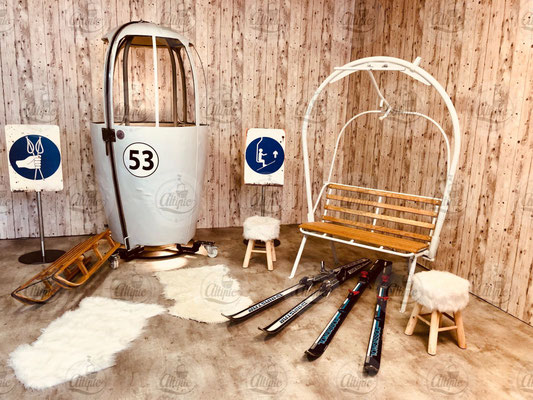 Location Pack Altipic avec télécabine cabine oeuf italienne 2 places blanc + télésiège rond 2 places et accessoires décoration thème ski neige montagne l'hiver