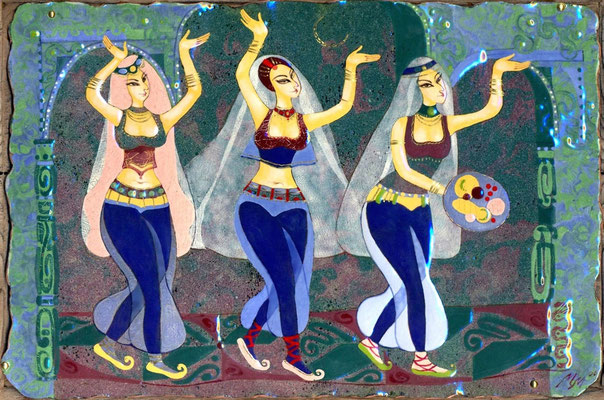 OFFERING  copper, hot enamel, 2011 Three girls Oriental beauties Thousand and One Nights Harem  ПОДНОШЕНИЕ медь, горячая эмаль