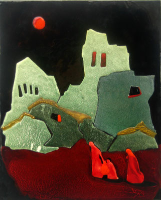 GROZNY  Painting Bright gamma Destruction of war. Silhouettes of people. Red moon. copper, hot enamel, 25x20cm 2000  ГРОЗНЫЙ   медь, горячая эмаль,  25Х20см    