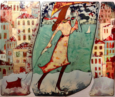 THE ESCAPE.  FOR WALK  copper, hot enamel,  2014   ПОБЕГ. НА ПРОГУЛКУ   медь, горячая эмаль, 2014 г