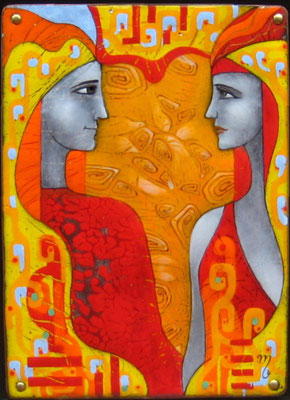 DIALOGUE  Painting  Two in profile Red-orange gamma He and she Ornament Love smooth lines Heat  copper, hot enamel, 2010    ДИАЛОГ  медь, горячая эмаль