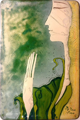 MEDITATION   Painting Female face Enlightenment Spiritual journey Joy Feeling of peace Nature Green-yellow gamma copper, hot enamel  2014   МЕДИТАЦИЯ   медь, горячая эмаль  
