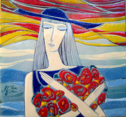 SPA ROMAN copper, hot enamel,  Girl with a bouquet of Roses and love Short romance on the sea   2011  КУРОРТНЫЙ РОМАН    медь, горячая эмаль, 2011