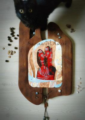 Painting ECSTASY Hot enamel on copper Wood Decorative element Red-brown gamma Ethno style African motif In love with hugs Kissing too  