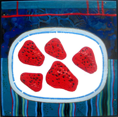 Still life IN CREAM hot enamel on copper 2007 Strawberries in a plate Strawberries with cream Bright range Натюрморт В СЛИВКАХ горячая эмаль на меди  2007