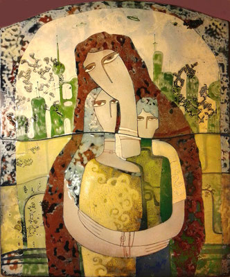 MOST NATIVE Painting Portrait of a family Mom and children Son and daughter Love Soul mates Joy of communication Maternity City of the future Yellow-green gamma Unusual gift  Copper, hot enamel  2014  САМЫЕ РОДНЫЕ    медь, горячая эмаль