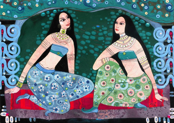 EXPECTATION copper, hot enamel, 2011 Three girls Oriental beauties Thousand and One Nights Harem  ОЖИДАНИЕ медь, горячая эмаль