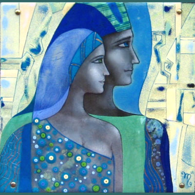 CEREMONY   Painting Two in profile Blue-turquoise gamut He and she Ornament Headgear copper, hot enamel, 2010     ЦЕРЕМОНИЯ  медь, горячая эмаль