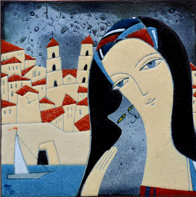 GRAD KOTOR   Painting Portrait of a girl and a cat Friendship Gray cat Brunette Old town Mountains Fortress wall Sea Sailboat   copper, hot enamel 2013   ГРАД КОТОР  медь, горячая эмаль   