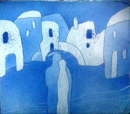 IN THE OLD TOWN   Painting Two blue and blue scale He and she Silhouettes Love Smooth lines Coolness City  copper, hot enamel, 2013  В СТАРОМ ГОРОДЕ  медь, горячая эмаль