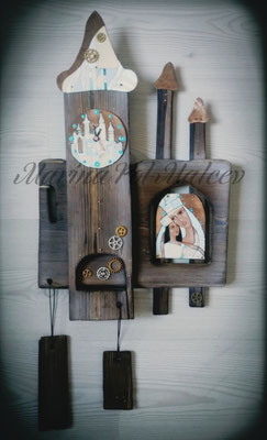 Wall clock MOM AND DAUGHTER Hot enamel on copper Steampunk Gift  Town and two Castle Decorative exclusive Handmade art