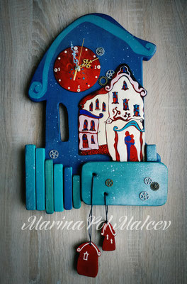 Wall clock   MEETITG IN LEUVEN  Hot enamel on copper, handmade wood Steampunk Old houses Gift for Christmas Town and two Decorative exclusive Handmade art Часы-панно "Лёвен". медь, горячая эмаль, дерево