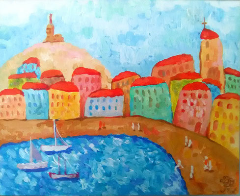 Painting " Old Port of Marseille" acrylic on canvas, 40x40 cm, 2017    Живопись "Марсельский старый порт". Холст, акрил, 40Х40 см, 2017 год