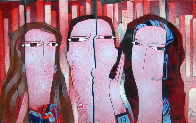 MODERN COMMUNICATION copper, hot enamel,  80X60 cm,  2012    СОВРЕМЕННОЕ ОБЩЕНИЕ   медь, горячая эмаль, 2012 г