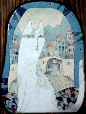  CAT OF KOTOR   Painting Portrait of a cat White cat Old city Nature Pastel gamma Mountains Fortress wall copper, hot enamel  2013   КОТОРСКАЯ КОШЕЧКА  медь, горячая эмаль