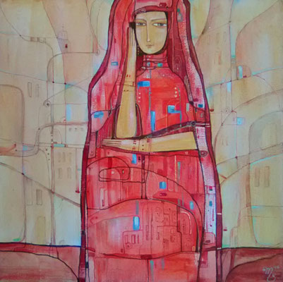 Painting "Madame in red"  Mixed media on canvas, 40x40 cm, 2017 Created by Marina Pol-Malcev     Мадам в красном.  Холст, смешанная техника, 40Х40 см, 2017 г.