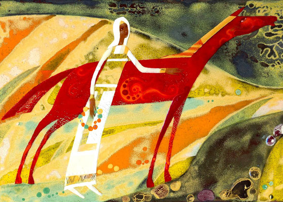 MORNING (from the series Woman of the World) Painting Red Horse and Girl National сostume Red and yellow gamma River Dawn Song 2006, copper, hot enamel  УТРО (из серии Женщины Мира) медь, горячая эмаль 
