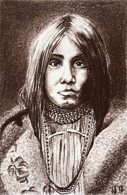 Apache Girl E.Curtis, 2018, Sepiastift auf Papier, 8 x 12 cm