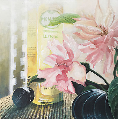 Home Blumen – Limonenöl in Küche, 2017, Ölfarben auf 4 mm Spannplatte, 20 x 20 cm 