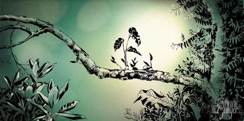Natur – Garten – Baum – Tessin-CH, 2019, Tusche auf Papier, Einfärbung digital, 25 x50 cm
