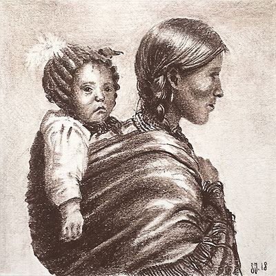 American Indian with Child, 2018, Sepiastift auf Papier, 12,5 x 12,5 cm