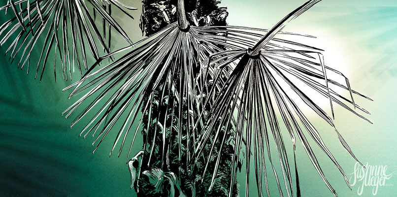 Natur – Garten – Tessinerpalme 1 – Tessin-CH, 2019, Tusche auf Papier, Einfärbung digital, 25 x50 cm, 