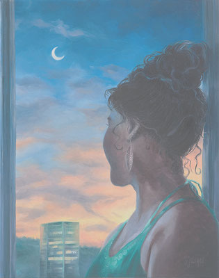Selbstportrait – Primetower-Nacht, 2020,  Acryl- Ölfarben auf Leinen, 54 x 68,5 cm,