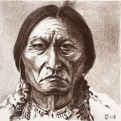Indian Men - Chief Sitting Bull 1 - E.Curtis, 2018, Sepiastift auf Papier, 12,5 x 12,5 cm