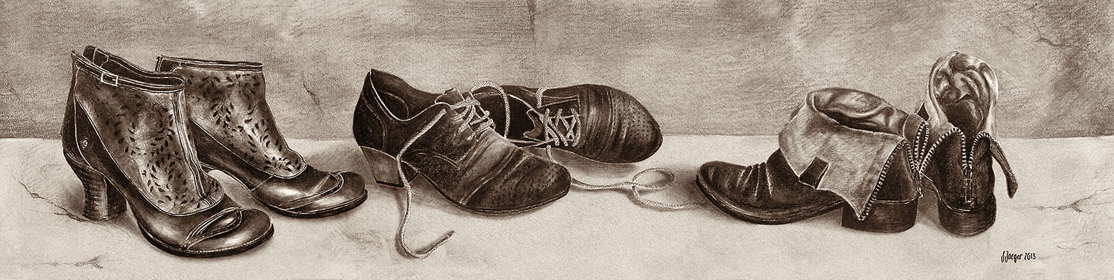 45 x 130 cm, Sepia-Stifte auf Papier, Druck aufgezogen auf Alu-dibond, meine lieblings Schuhe
