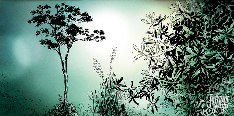 Natur – Garten – Bäume - Sträucher – Tessin-CH, 2019, Tusche auf Papier, Einfärbung digital, 25 x50 cm