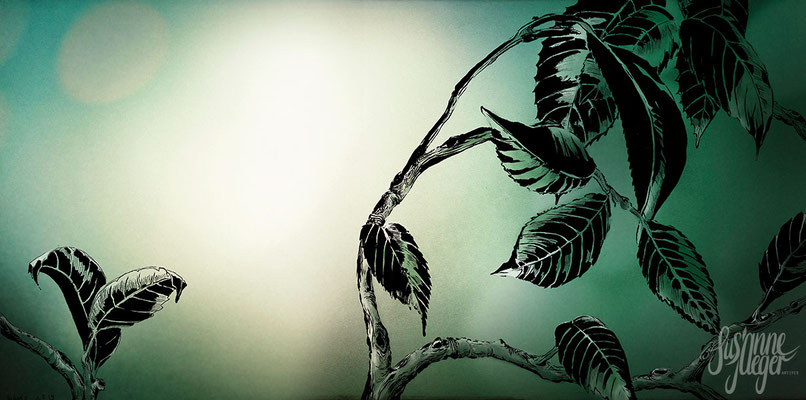 Natur – Garten – Blätter – Tessin-CH, 2019, Tusche auf Papier, Einfärbung digital, 25 x50 cm