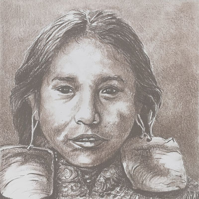 Cherokees Natives Americans Indian Girl - E.Curtis, 2018, Sepiastift auf Papier, 12,5 x 12,5 cm