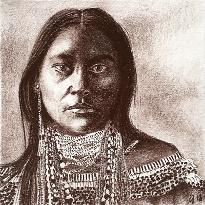 American Indian Girl - E.Curtis, 2018, Sepiastift auf Papier, 12,5 x 12,5 cm