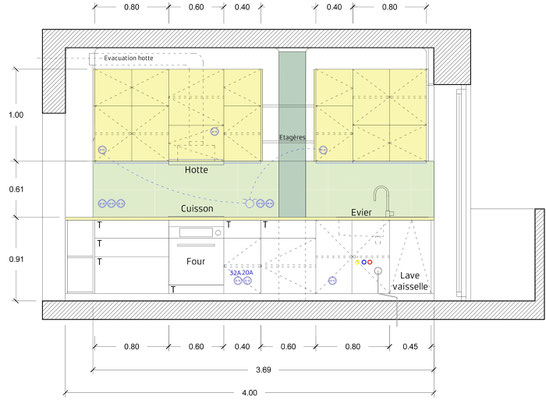 VUE DE FACE DE LA CUISINE PROJETEE + PLAN ELECTRIQUE