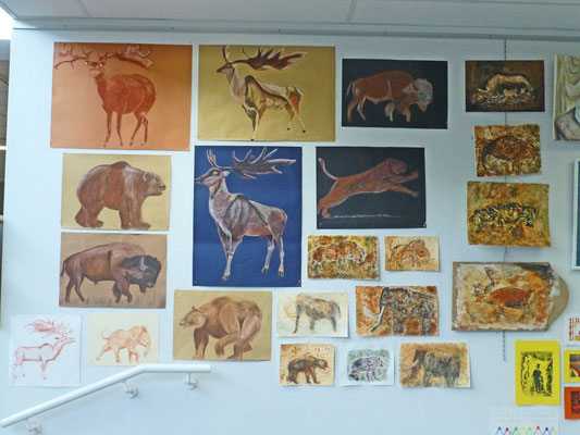 Thématique : peintures rupestres, travail de dessin (pastel) sur les animaux, travail de matière (peinture)