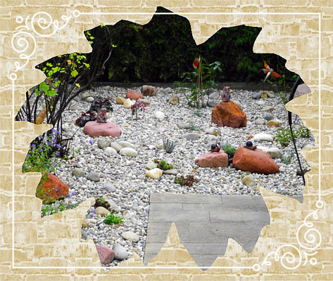Steingarten mit Rundkies und Mainsandsteinfindlingen