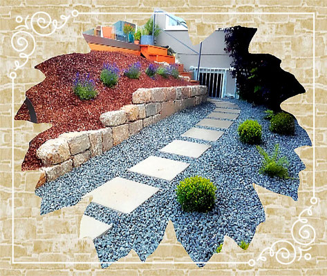Schrittplattenweg/Kiesgarten/Mauer/Bepflanzung