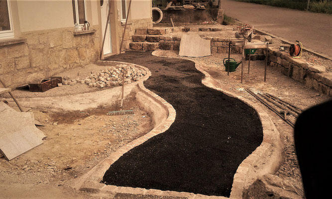 Weg Muschelkalkpflaster, Vorbereitung für die Verlegung von Platten