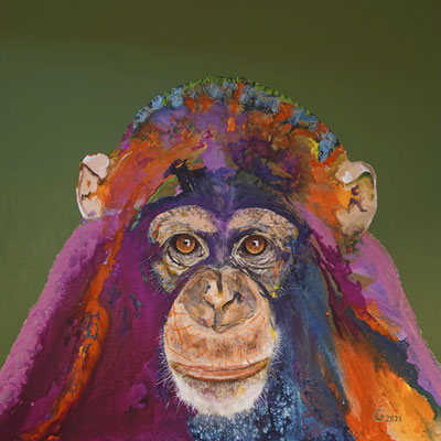 Schimpansenschwester, Acryl auf Leinwand, 130 x 130, 2023 Künstler: Christian Gloystein (Privatbesitz)