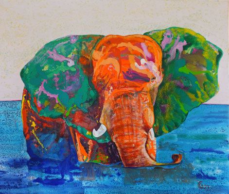 Elefant im Wasser, Acryl auf Leinwand, 130 x 110, 2023 Künstler: Christian Gloystein