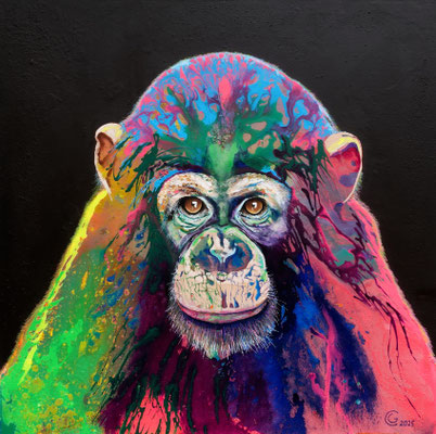 "Schimpanse im Neonlicht", Acryl auf Leinwand, 130 x 130, 2025 Künstler: Christian Gloystein (Privatbesitz)