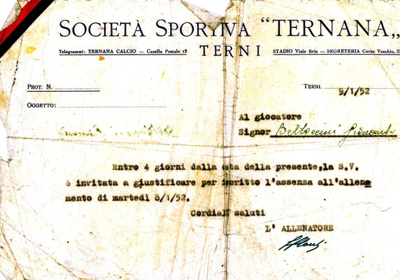 09-01-1952. Comunicazione societaria per assenza allenamenti al calciatore Bellaccini