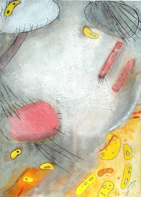 Bakterien auf Urlaub,Acryl auf Papier, auf holz gezogen, 100 x 80 ,2007