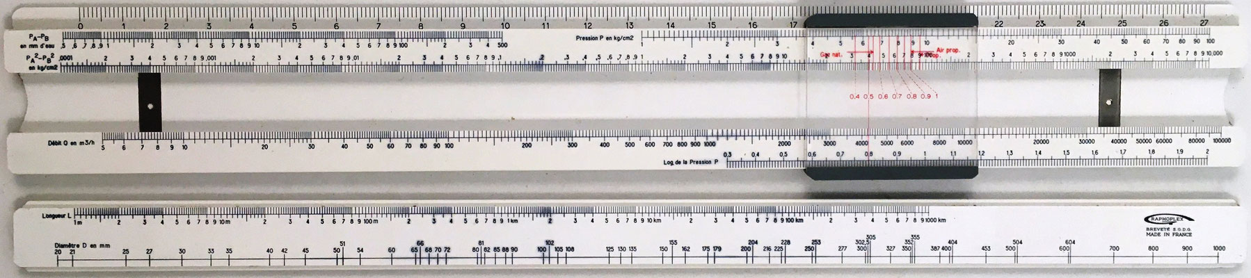 Regla GRAPHOPLEX GAZ, para medir las caídas de presión en las tuberías de gas, Francia, año 1970, 24.5.5x4 cm