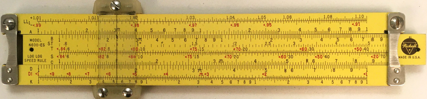 PICKETT modelo N600-ES (Eye Saver) LOG LOG (tipo astronauta Edwin "Buzz" Aldrin), Made in USA, año 1962, 15.5X2.8 cm