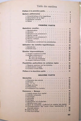 Indice del libro La règle à Calcul, C. Balestra y R. Riby