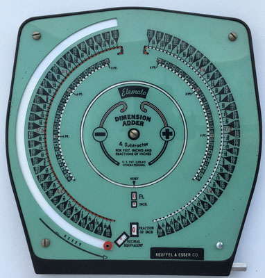 ELEMOTO Dimension Adder & Subtractor, model 4008, para  fractions of inches, fabricado por Elemoto Sales Co. (Teaneck, N. J., EE. UU.), año 1940