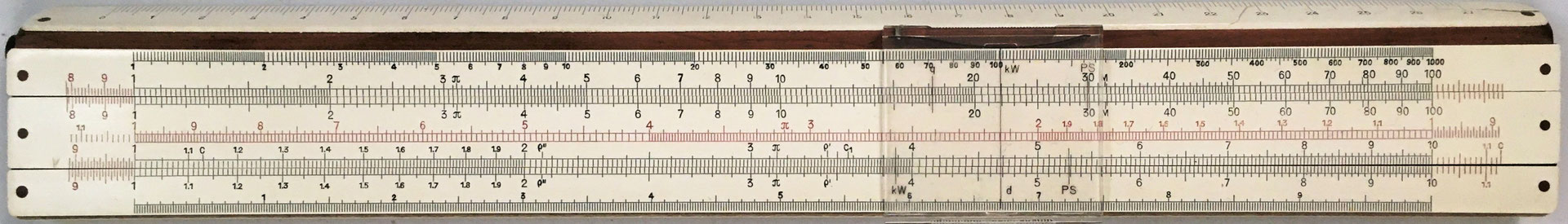 Regla de cálculo combinada FABER-CASTELL 1/87A con ADDIATOR (variante 2), año 1952, 30x4.5 cm